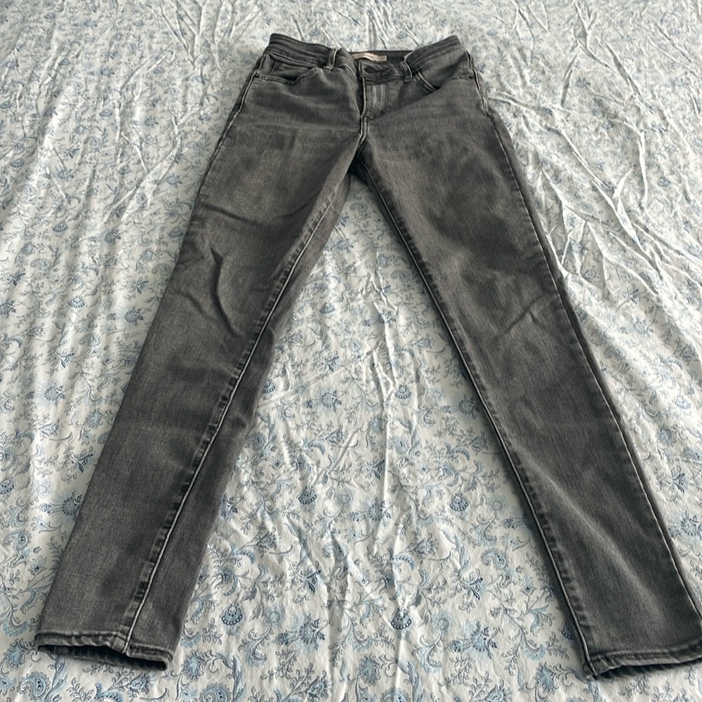 Levi’s medium gray jeans
Size, 26, skinny, high-rise, extremely comfortable.